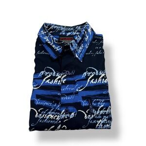 FUBU Mens XXL Short Sleeve Button Up Shirt Blue Script Print Casual VTG Y2K